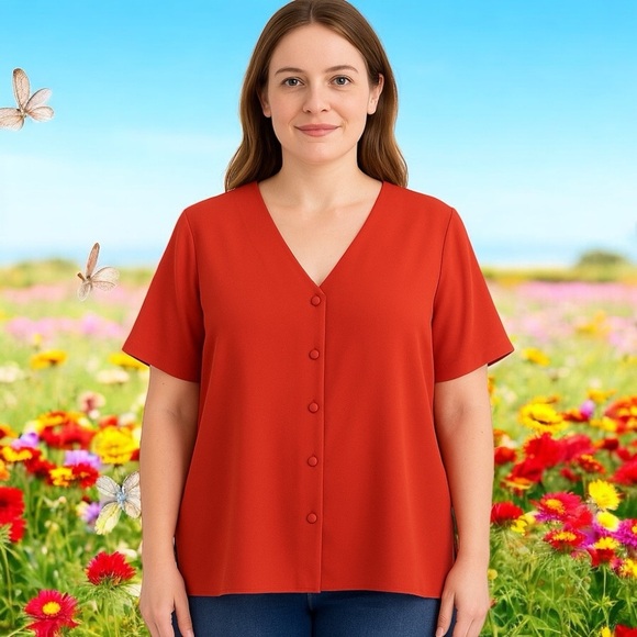 NEW Vintage Old Stock Worthington Cherry Red Button up Blouse Top Size L - Picture 1 of 8